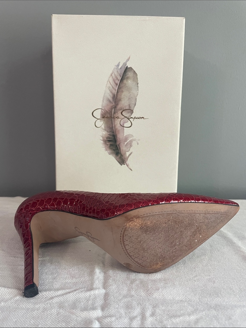 Jessica Simpson Burgundy Croc-Embossed Pointed Stiletto Pumps - Picture 6 of 8